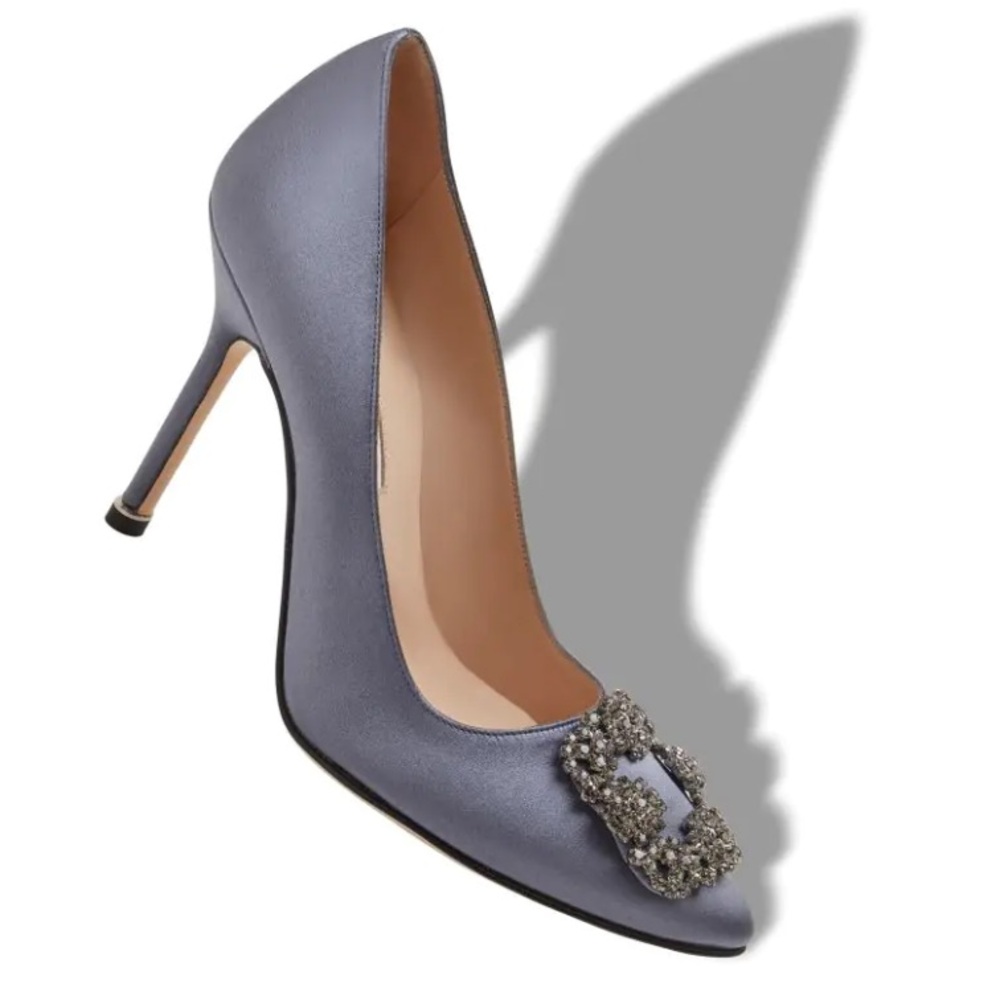 Manolo Blahnik Gray Satin Hangisi Jewel Buckle Heels - Picture 7 of 12